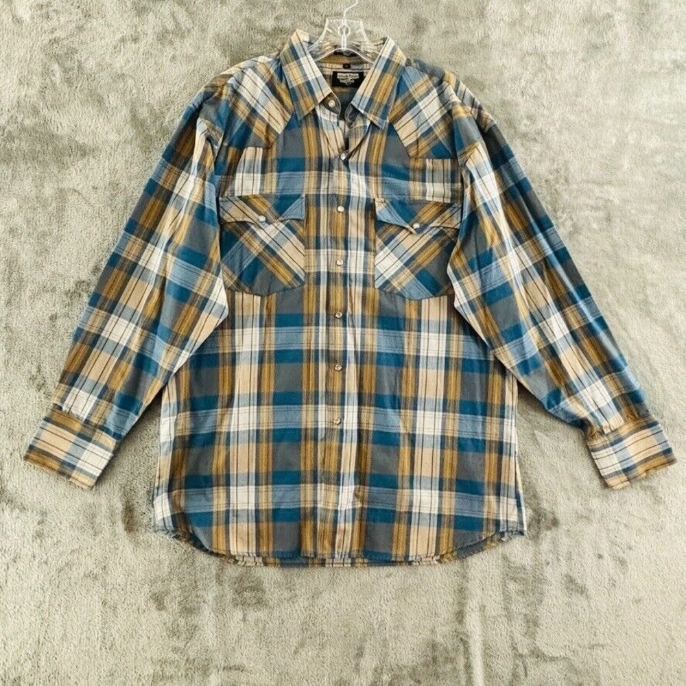 Authentic Western Youngbloods‎ Snap Shirt Mens L Brown Blue Plaid Long Sleeve
